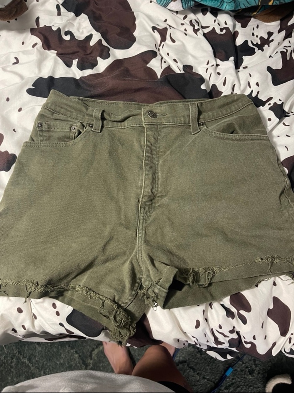 Olive Green Frayed Hem Denim Short